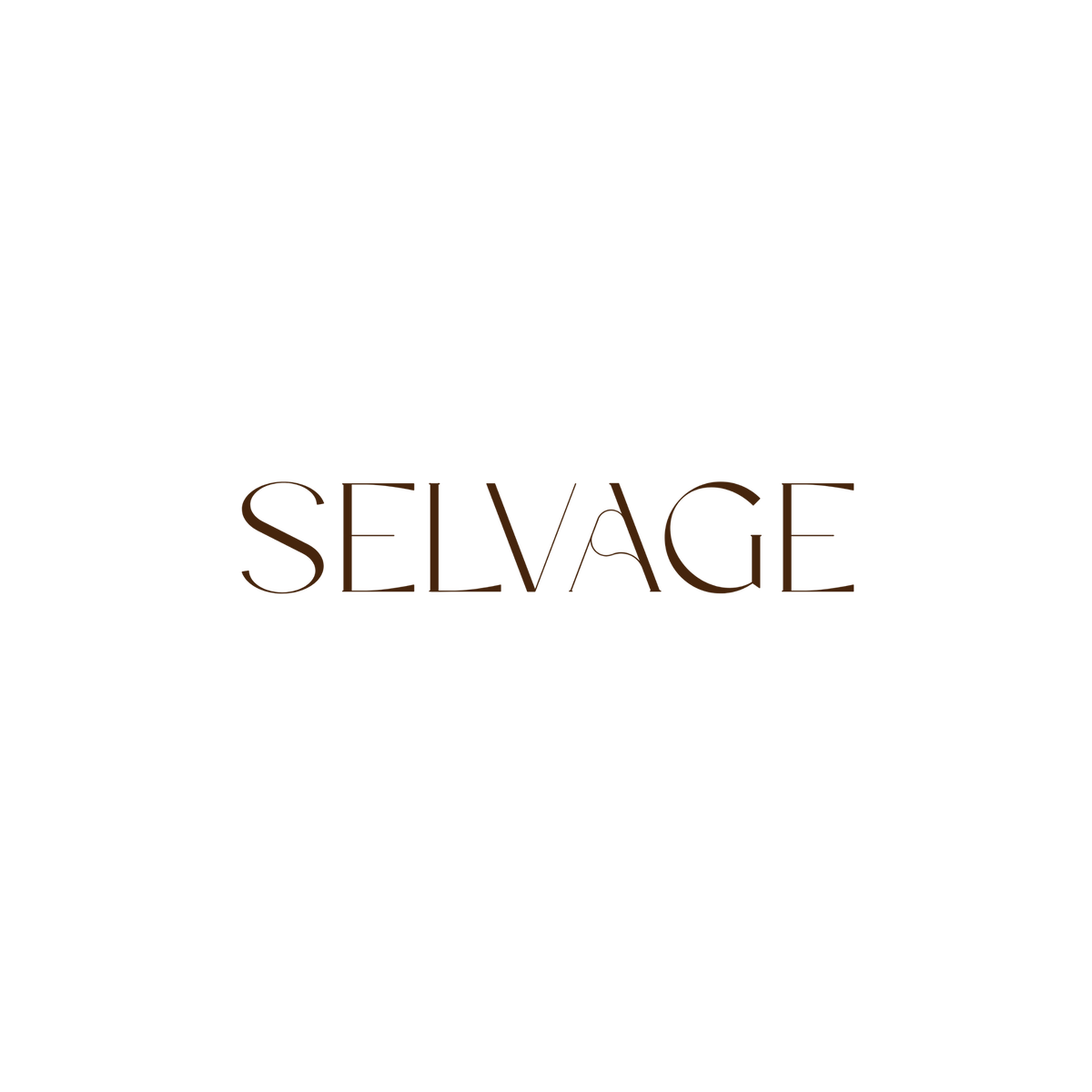 The brand name 'SELVAGE' is displayed in a clean, elegant brown serif typeface against a solid white background.